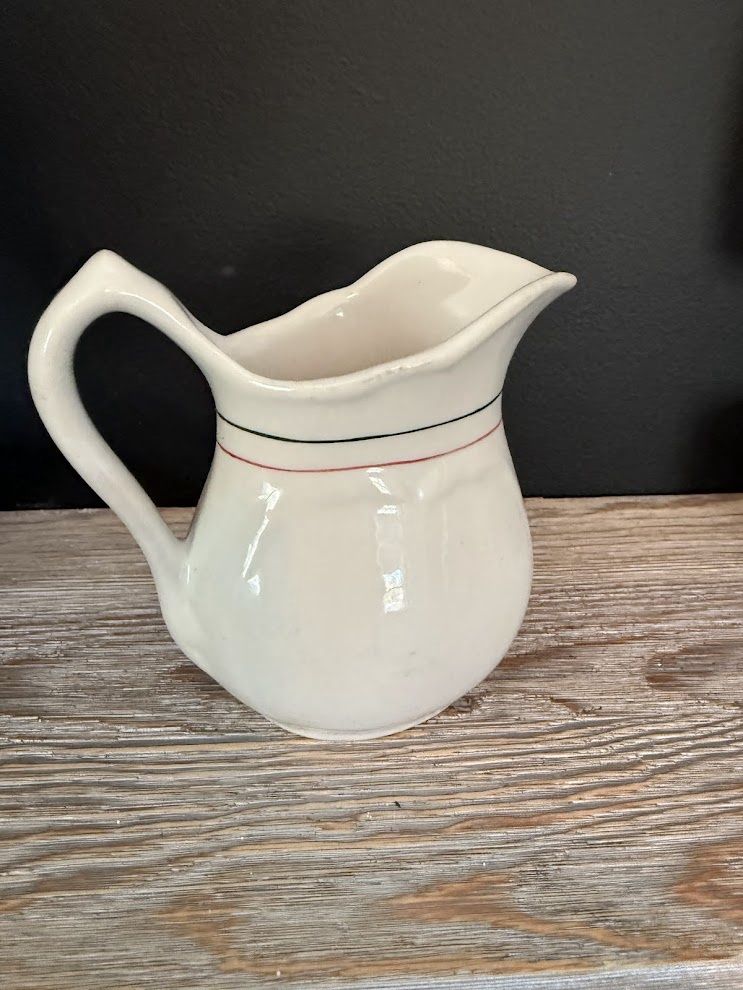 Vintage Shenango China Creamer: Farmhouse Milk Pitcher with Brown &amp; Red Stripes