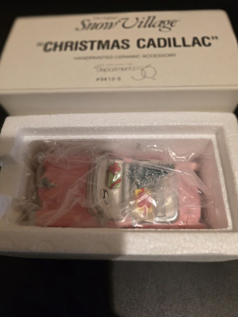Department 56 Pink Cadillac Christmas Presents -Tree -Snow Village