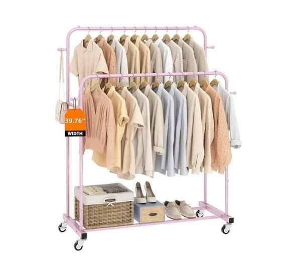 Laiensia Double Rods0Double Rods Garment Rack With Wheels, Clothing Rack For Hanging Clothes, 4 Hooks, Multi-Function