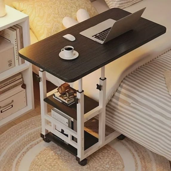 Mobile Laptop Desk with Wheels - Adjustable Height, Dual Shelves for Bedside/Dorm/Office, Sturdy Steel Frame