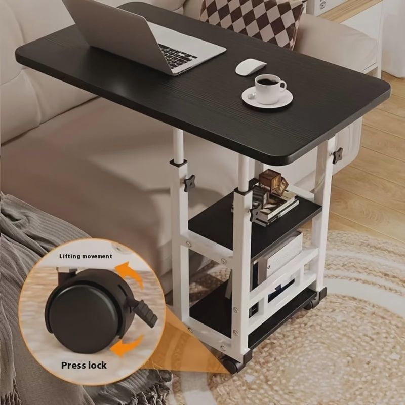 Mobile Laptop Desk with Wheels - Adjustable Height, Dual Shelves for Bedside/Dorm/Office, Sturdy Steel Frame