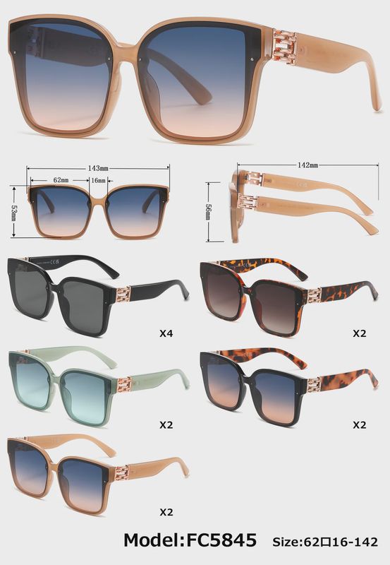 Brand New Large Thick Square Frame with Metal Accent Temple Plastic Sunglasses Choose Color-FC 5845