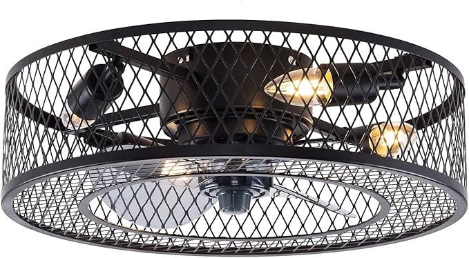 OUKANING Caged Ceiling Fan with Light, 3 Speeds Adjustable,Enclosed Fandelier with Remote, Industrial Ceiling Fans for Living Room, Bedroom, Kitchen (4*E27 bulbs, not included)