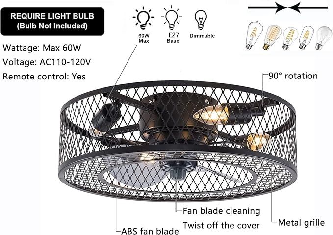 OUKANING Caged Ceiling Fan with Light, 3 Speeds Adjustable,Enclosed Fandelier with Remote, Industrial Ceiling Fans for Living Room, Bedroom, Kitchen (4*E27 bulbs, not included)