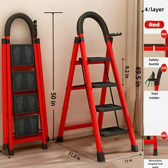 WOWDVOV 4-Step Ladder,Folding Ladder Stool, Widened Anti-Slip Step Pad, 350-Pound Lightweight Portable Sturdy Metal Ladders with Tool holder for Household Kitchens and Outdoor Gardens