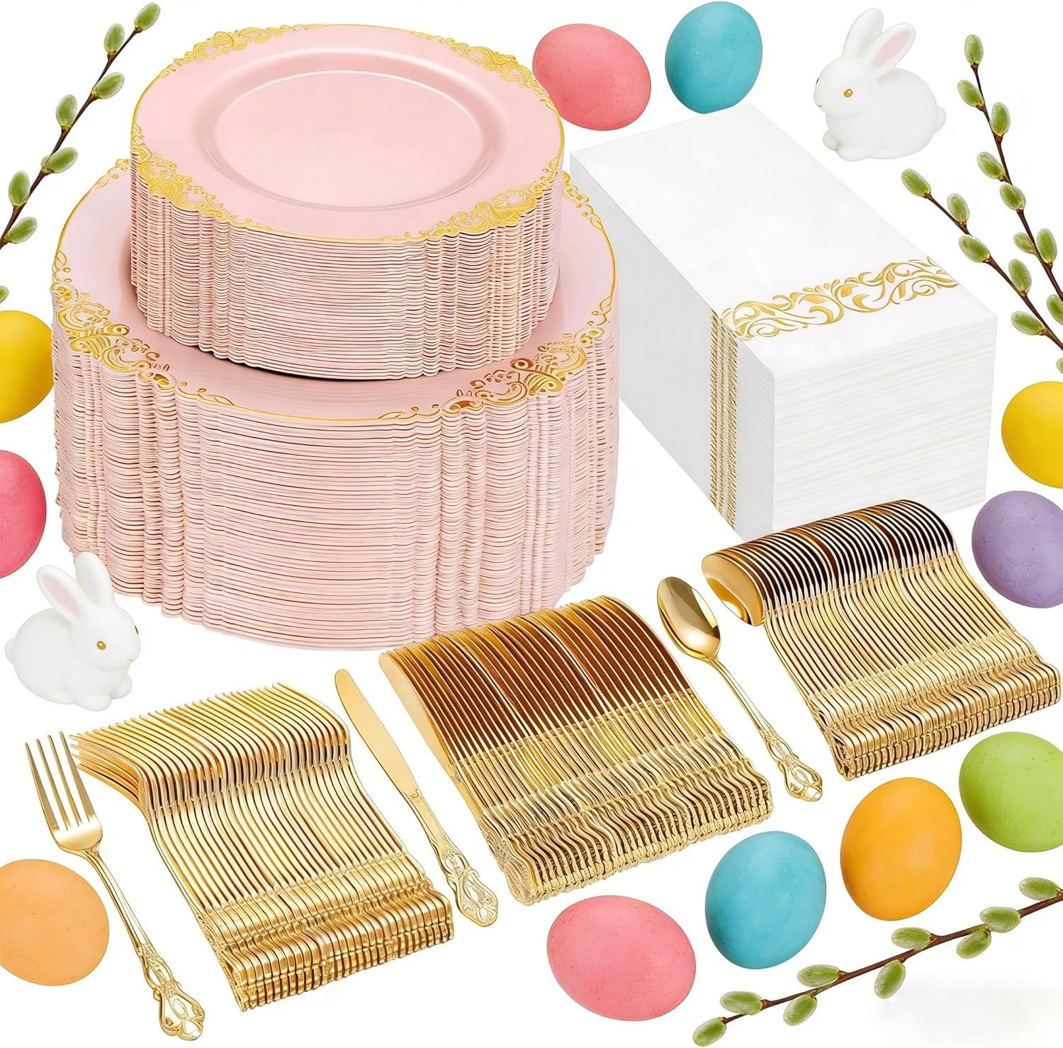 Joyido Pink and Gold Plastic Plates - Pink Disposable Dinnerware Sets for 30 guests