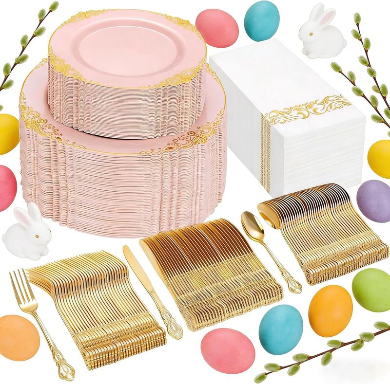 Joyido Pink and Gold Plastic Plates - Pink Disposable Dinnerware Sets for 30 guests