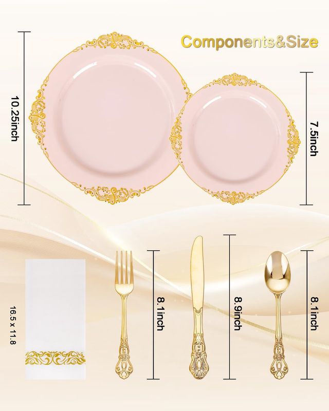 Joyido Pink and Gold Plastic Plates - Pink Disposable Dinnerware Sets for 30 guests