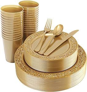 Wedding, Party] 150pcs Golden Plastic Plates, Clear And Golden Silverware &amp; Golden Cups, Lace Design Golden Dinnerware Include: 25 Dinner Plates, 25 Dessert Plates, 25 Cups, 25 Golden Silverware For W