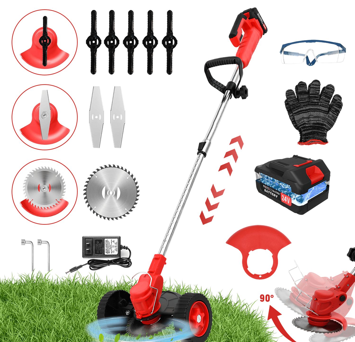 Electric Cordless Grass Trimmer, Cordless Weed Eaters Wacker, 24V 650W Battery Operated Weedeaters, Weed Lawn Edger Eater, Electric Grass Cuting Machine with Wheels for Garden Use SAW BLADES NOT INCLU