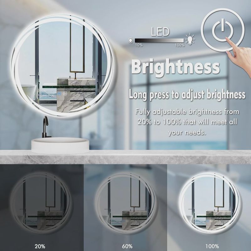 FANJUN-AMTECH 24" LED Backlit Round Vanity Mirror with Smart Memory &amp; Antifog Feature
