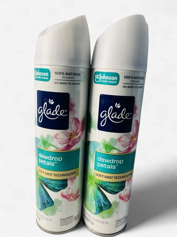 2 Glade Spray Air Fresheners DEWDROP PETALS Scent Odor Fighting Soft Mist 8.0oz.