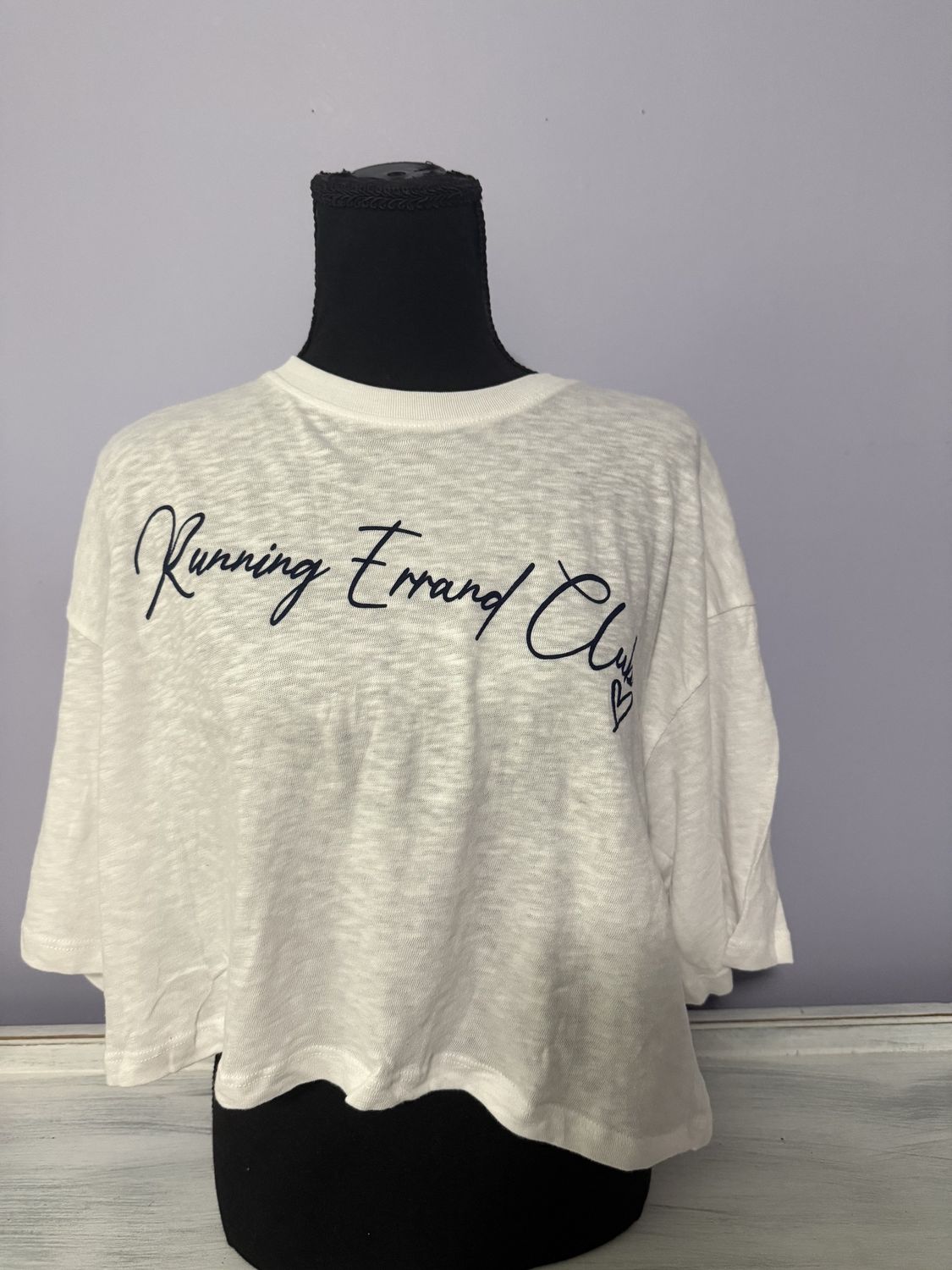 Women’s/Juniors Casual Graphic Tee “NWT Running Errand Club” Relaxed Crop Top Blue or White MSRP $29.95, Color: White, Size: Small