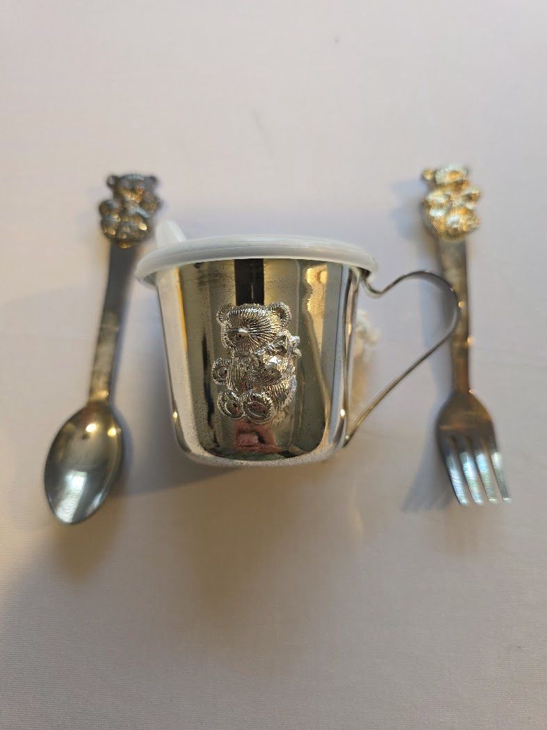 Silver Plated Teddy Bear Baby Cup Fork &amp; Spoon Set
