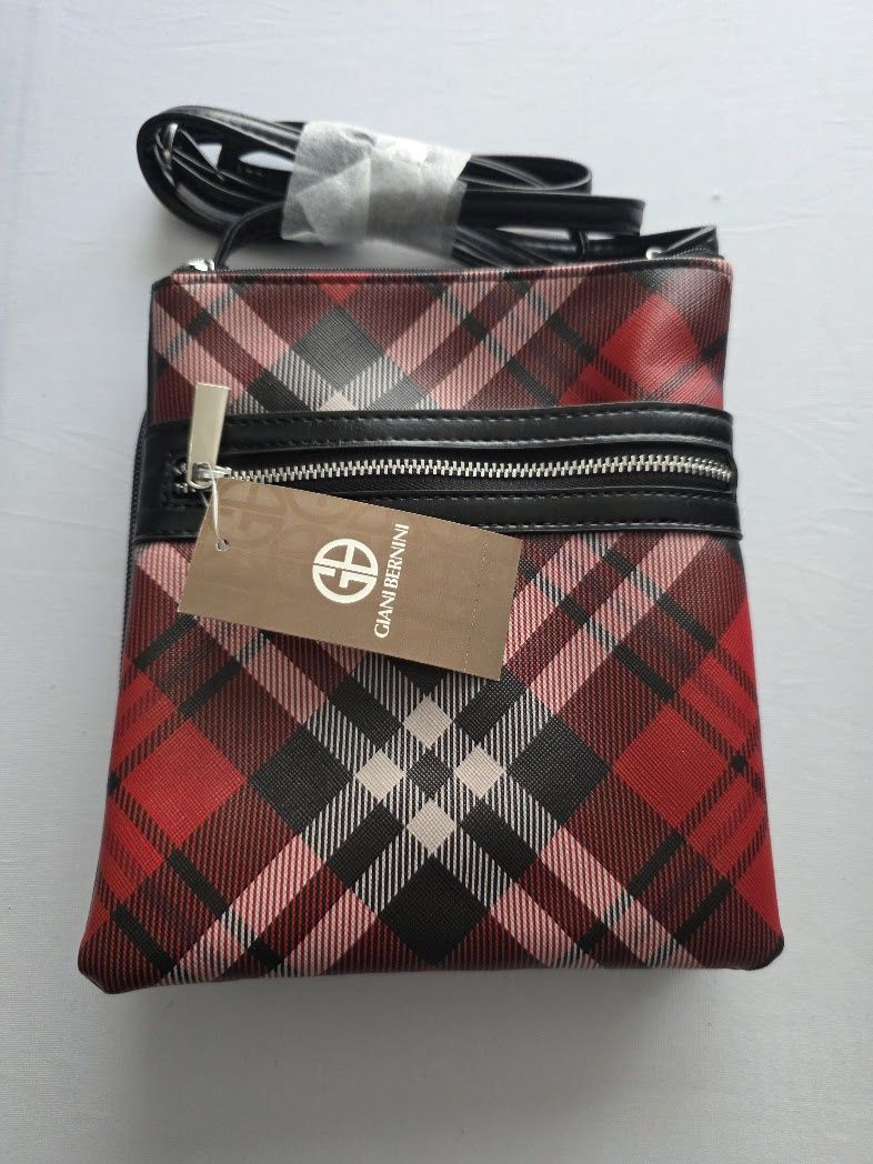 NEW  Giani Bernini Small Triple Zip Crossbody Saffiano Red Plaid Silver