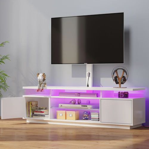 Rolanstar TV Stand with Mount and Power Outlet 51.2", Swivel TV Stand Mount for 32/45/55/60/65/70 inch TVs, Height Adjustable Modern Entertainment Center with Storage &amp; LED Lights, TV Table White