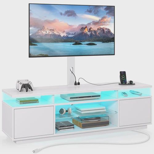Rolanstar TV Stand with Mount and Power Outlet 51.2", Swivel TV Stand Mount for 32/45/55/60/65/70 inch TVs, Height Adjustable Modern Entertainment Center with Storage &amp; LED Lights, TV Table White