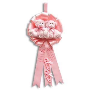 Announcement Ribbon - Twin Girls Bear