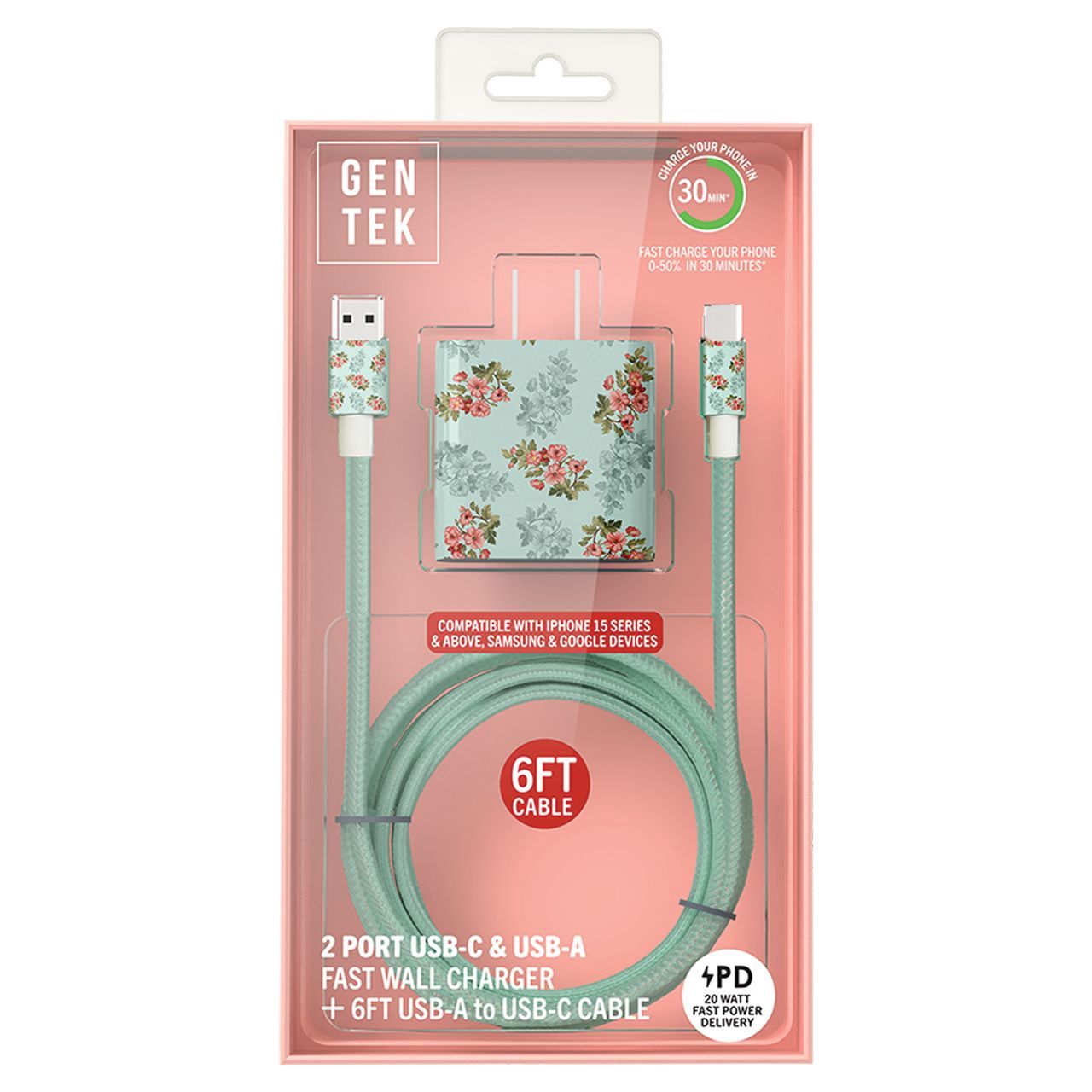 GenTek 2 Port 20W Charger &amp; 6ft Cable Floral