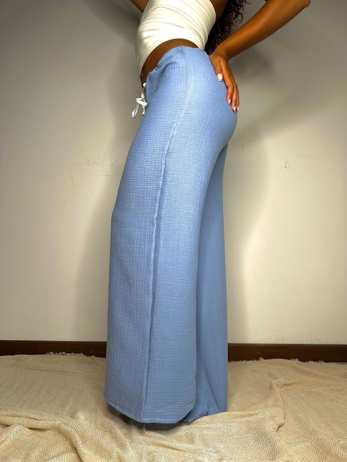 PANTALONE REGOLABILE, IN MUSSOLA - AZZURRO