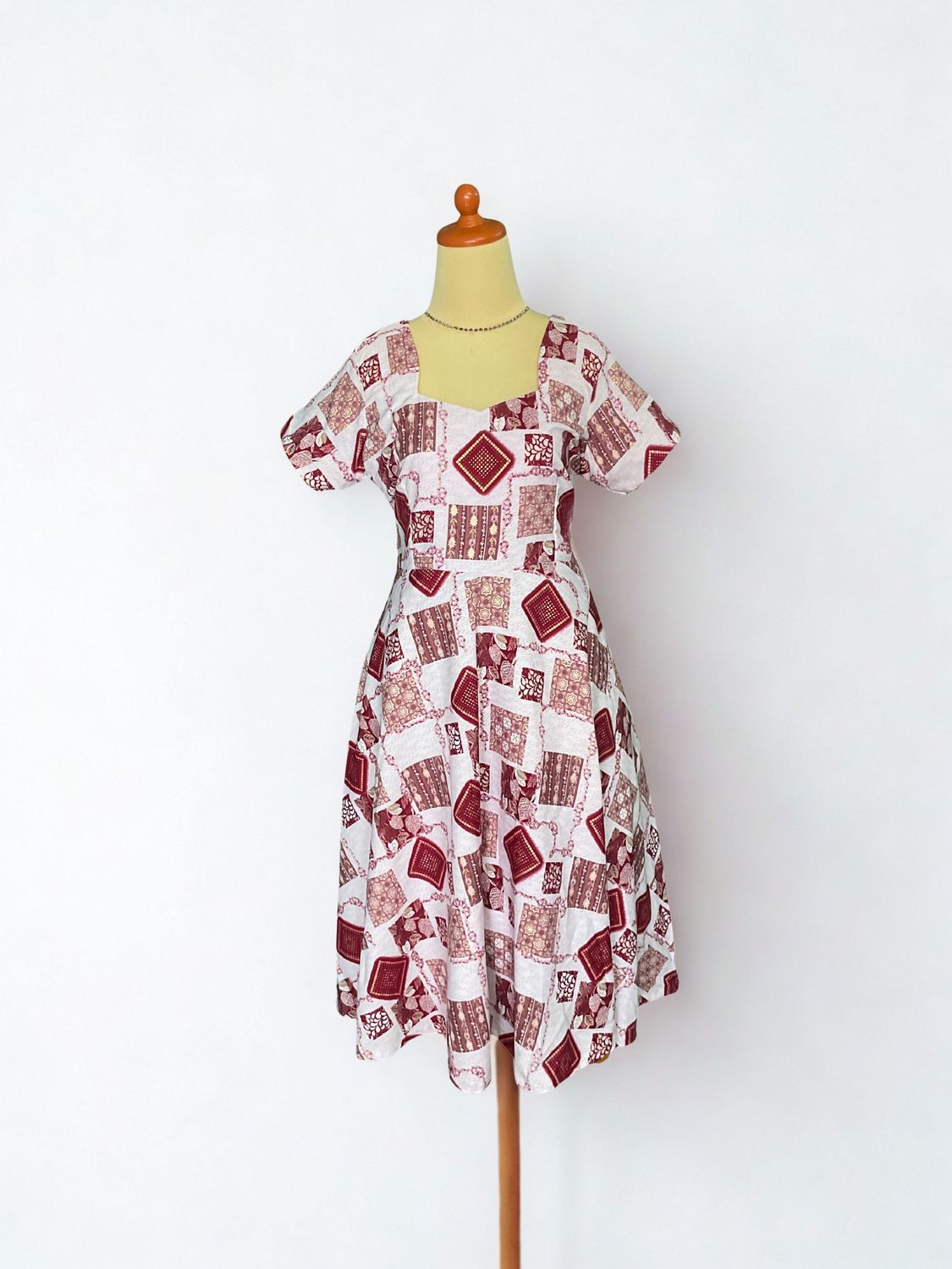 Maroon Square Print Dailywear Dress (XL)