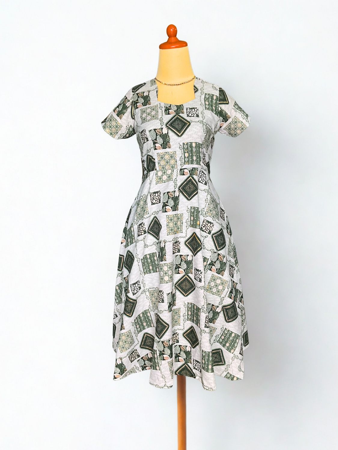 Green Square Print Dailywear Dress (S)