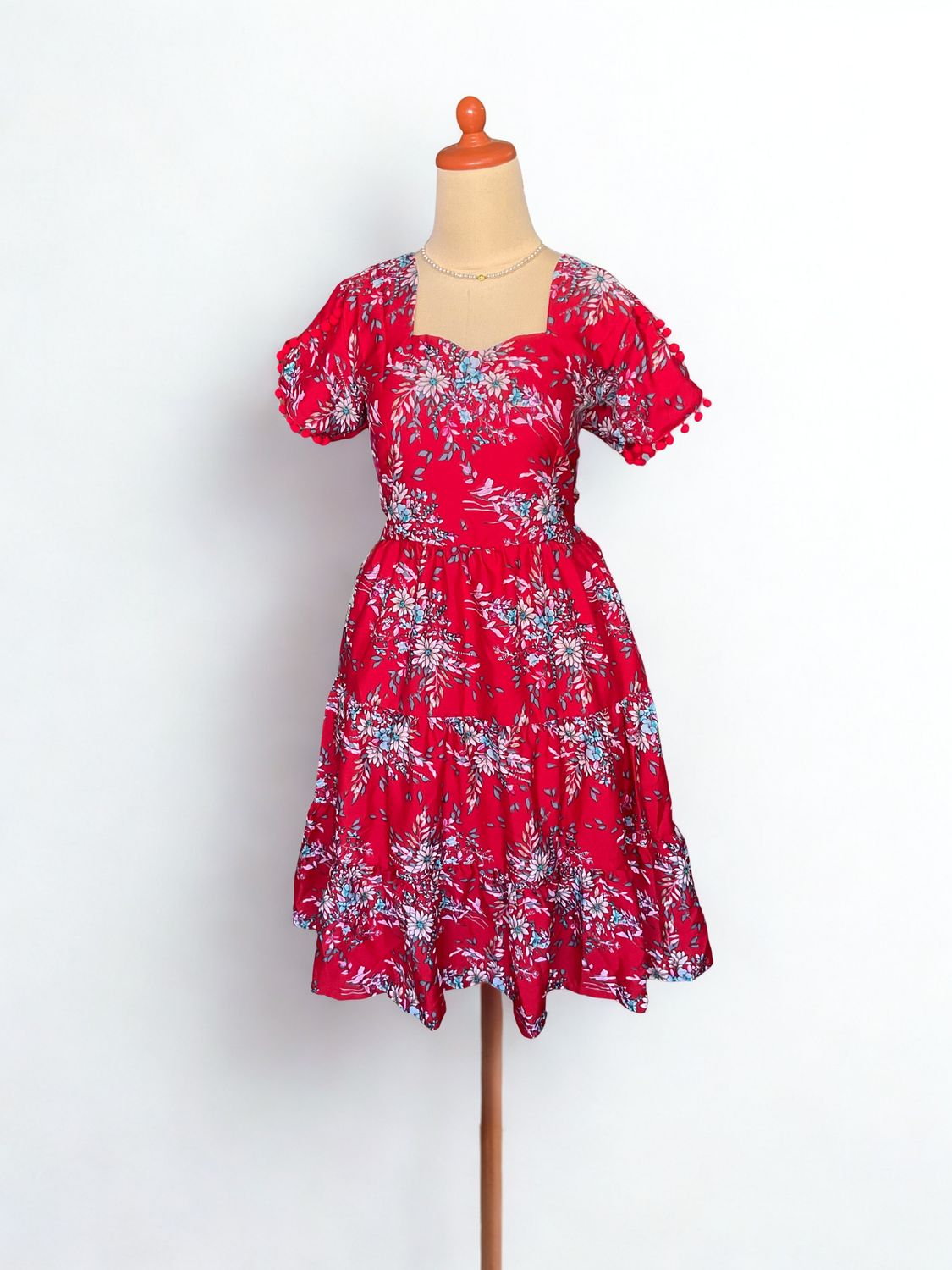 Floral Printed Romance Red Flare Dress (2XL)