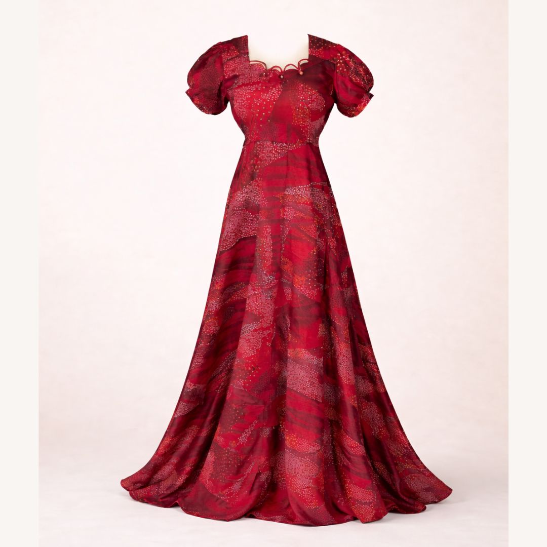 Puff sleeves maroon bandhani print long dress(M)