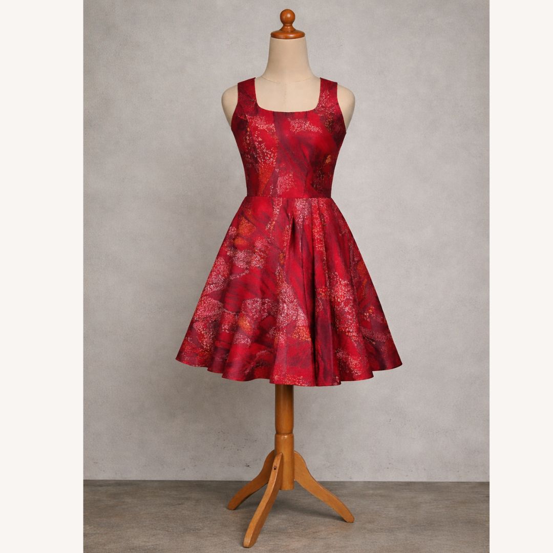 Sleeveless maroon bandhani print short dress (L)