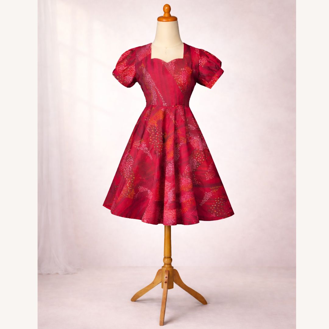 Puff sleeve maroon bandhani print short dress (XL)