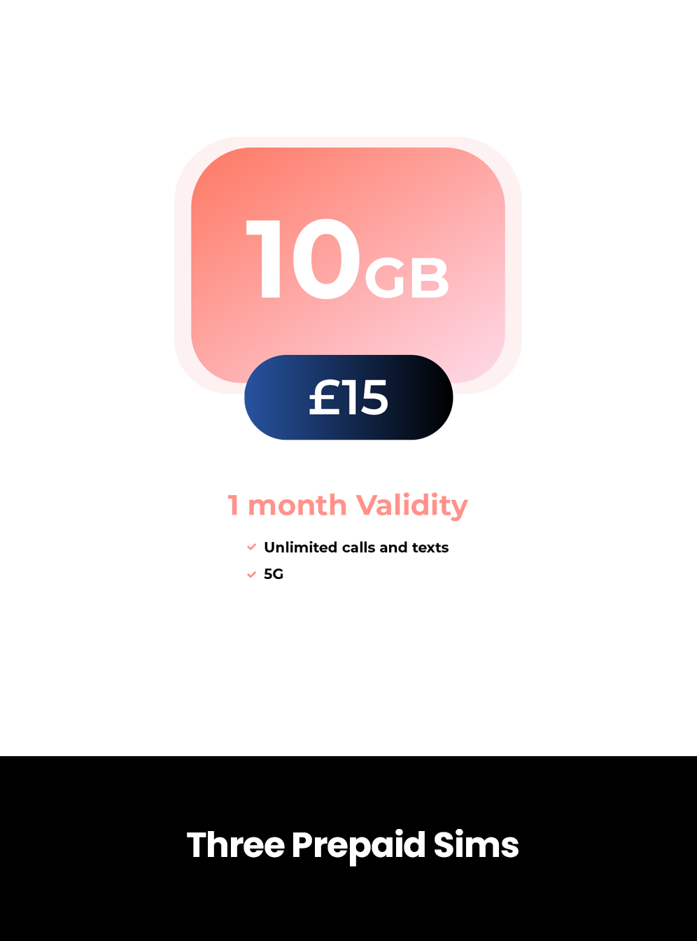 3 Prepaid Sims, Plan: 10GB - 1 Month Plan