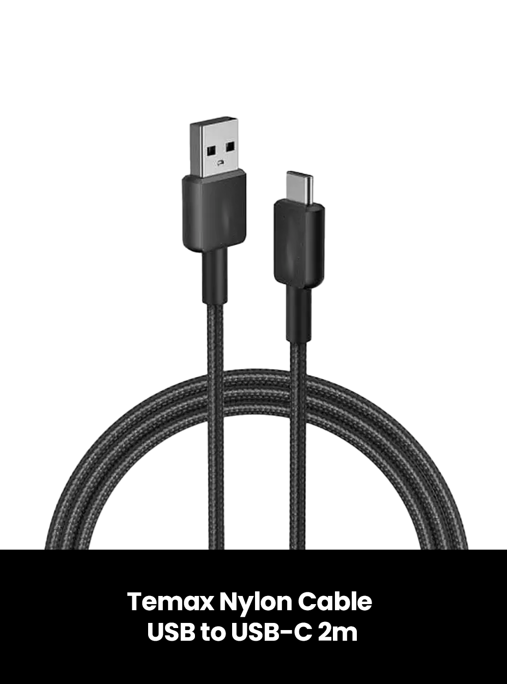 Temax Nylon Cable USB to USB-C 2m, Color: Black