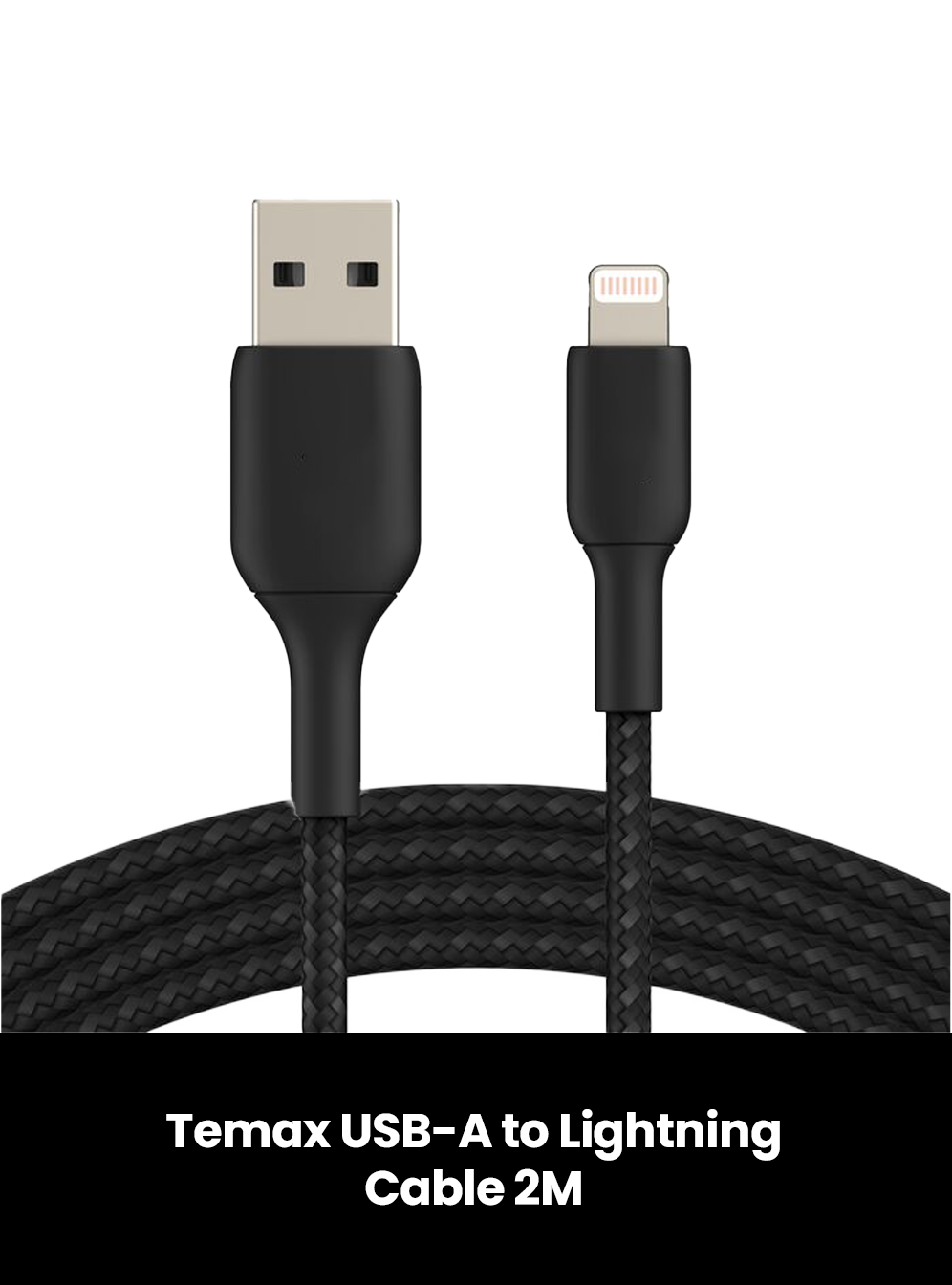 Temax Premium Nylon Lightning Cable 2M - BLACK