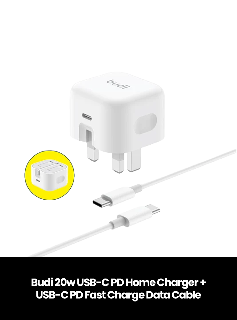 Budi 20w USB-C PD Home Charger, Type: +USB-C PD Fast Charge Data Cable
