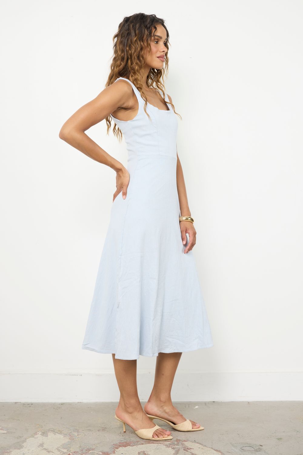 donna karan new york women's jewel-nevk sleeveless a-line dress Linen Blend Sleeveless Square Neck Dress | Fit and Flare main image 1