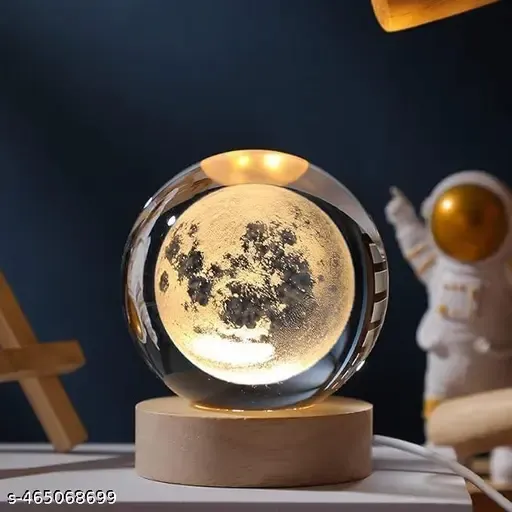 Errol 3D Moon Crystal Ball Night lamp | USB Cable LED Wooden Base Crystal Ball | Home, Office Decorations Birthday Gifts for Friend, Teens, Boys, Girls