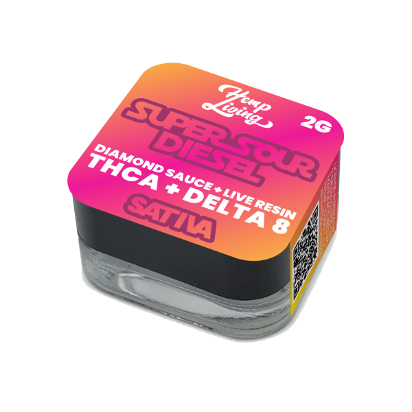 Hemp Living: THCA + Delta 8 - 2g Diamond Sauce w/Live Resin - Super Sour Diesel SATIVA