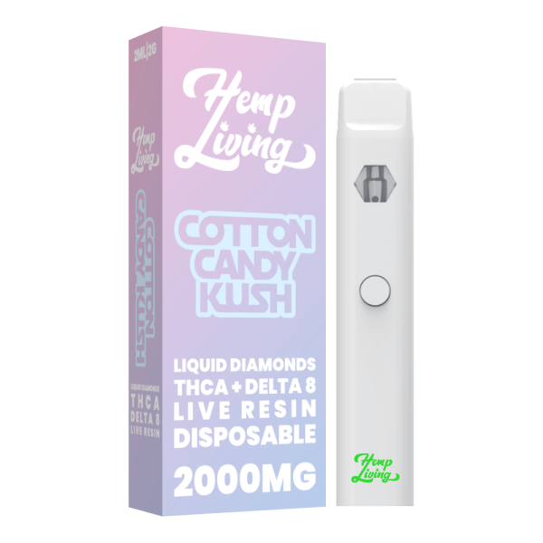 Hemp Living: THCA + Delta 8 Live Resin Liquid Diamonds 2g Disposable Vape - Cotton Candy Kush INDICA