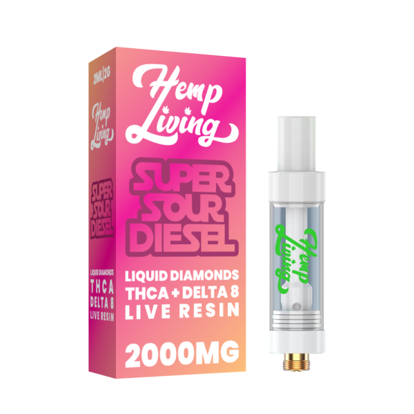 Hemp Living: THCA + Delta 8 Live Resin Liquid Diamonds 2g Vape Cartridge - Super Sour Diesel SATIVA