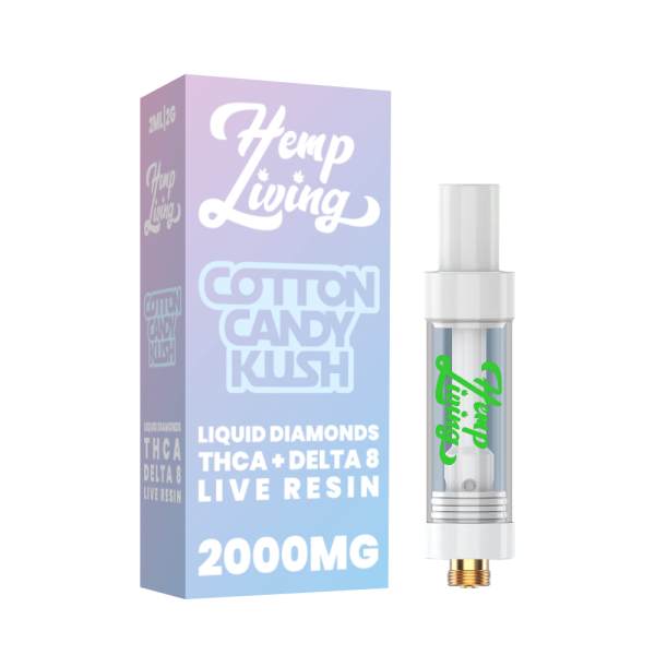 Hemp Living: THCA + Delta 8 Live Resin Liquid Diamonds 2g Vape Cartridge - Cotton Candy Kush INDICA