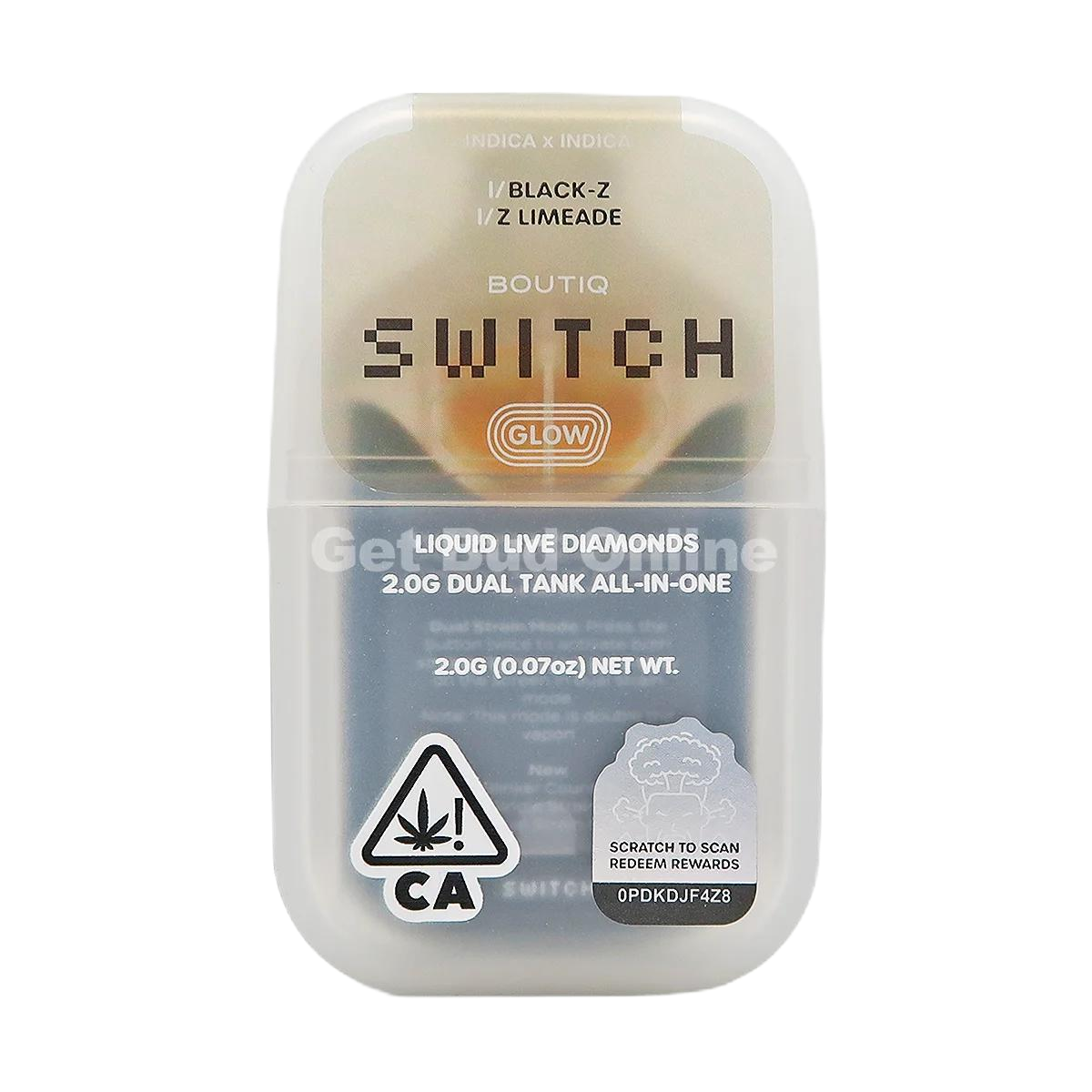 BOUTIQ SWITCH•GLOW: 2gram Liquid Live Diamonds Dual Tank Disposable - Black-Z (INDICA) x Z Limeade (INDICA)