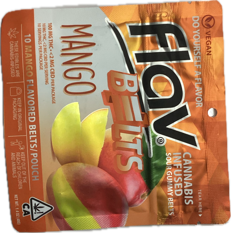 flav: 100mg THC Cannabis Infused Sour Gummy Belts - Mango