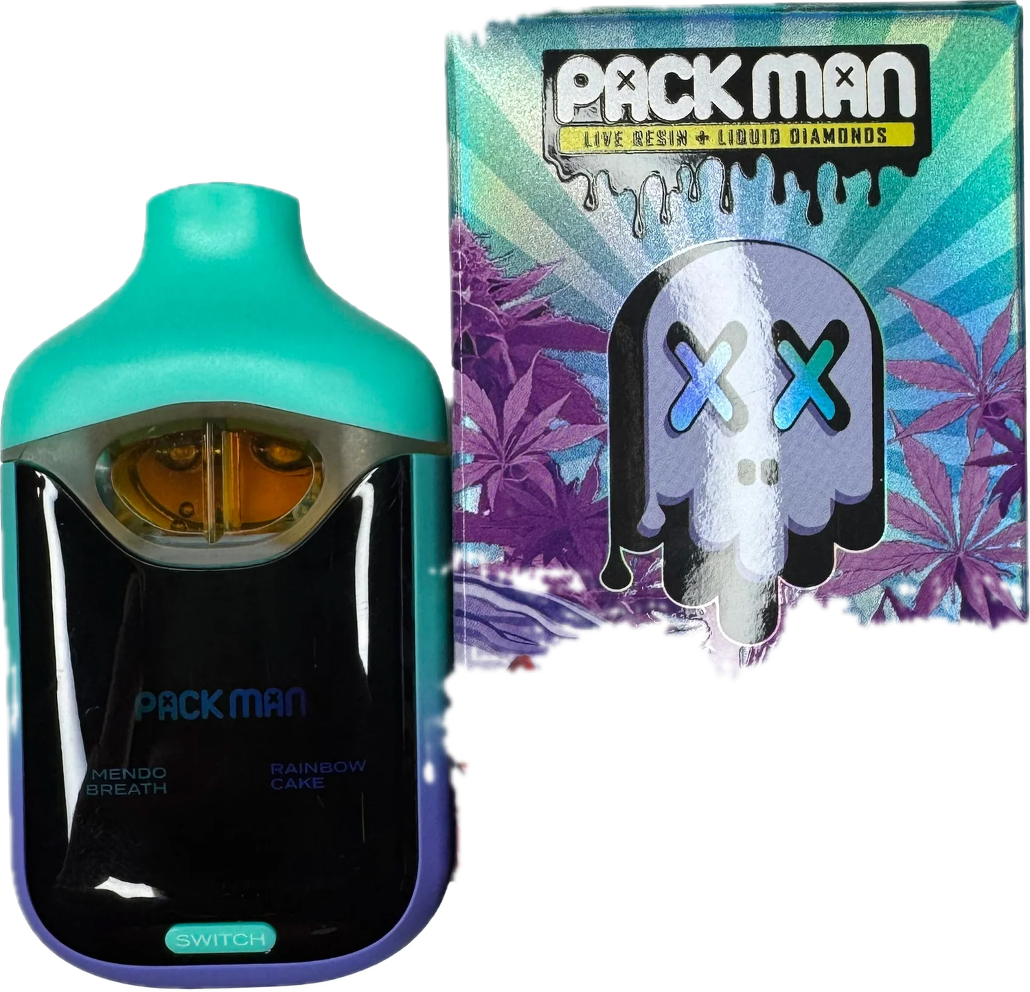 PACK MAN: 2gram Live Resin + Liquid Diamonds Disposable Vape - Mendo Breath/ Rainbow Cake