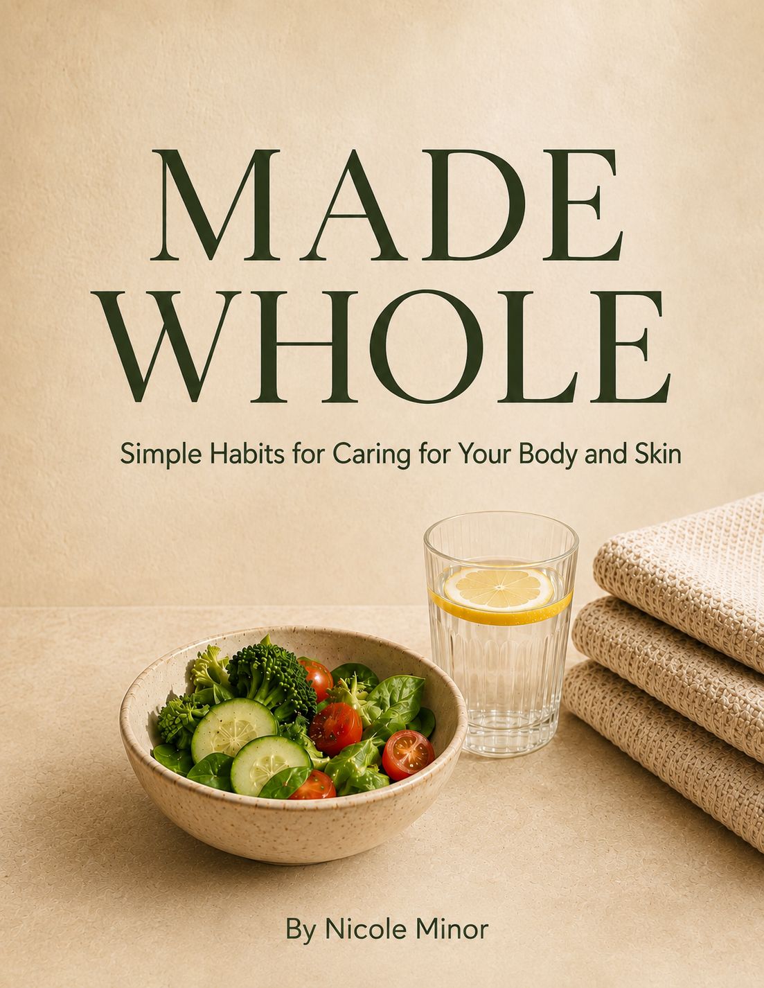 Made Whole by Nicole Minor cover with a fresh vegetable bowl, lemon water, and folded towels