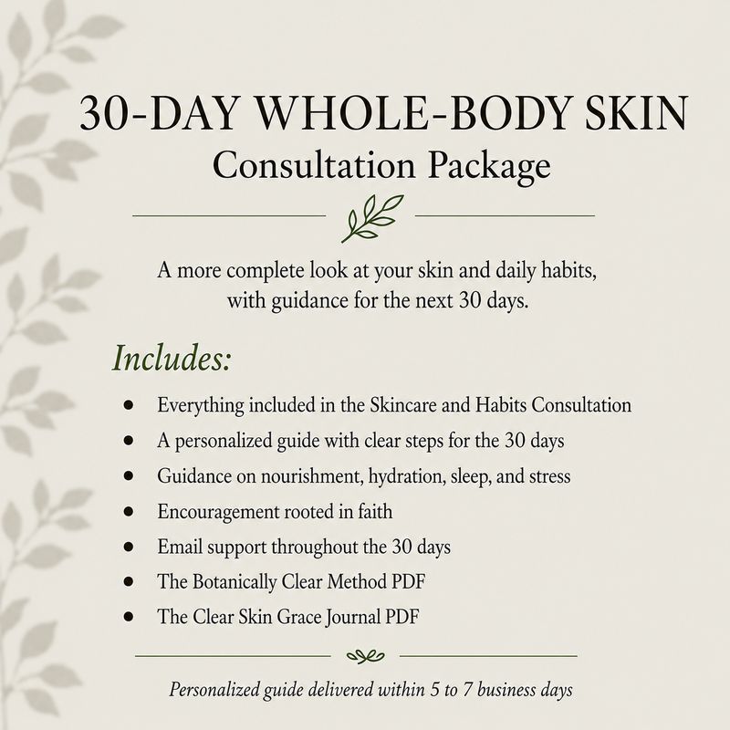 30-Day Whole-Body Skin Consultation with a personalized 30-day guide, whole-body guidance, faith-based encouragement, and ema
