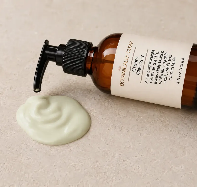 Botanically Clear Cream Cleansing Milk bottle beside a natural swirl of creamy cleanser on a light stone surface
