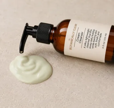 Botanically Clear Cream Cleansing Milk bottle beside a natural swirl of creamy cleanser on a light stone surface