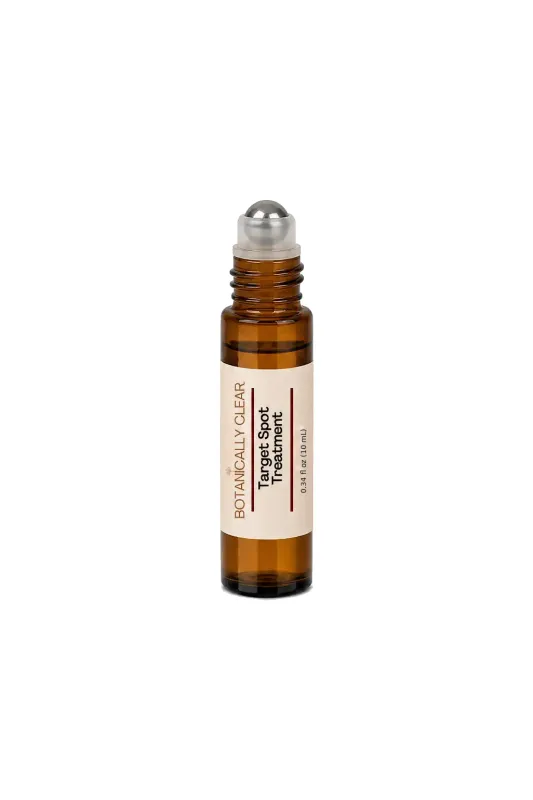 Botanically Clear Target Spot Treatment 5 mL amber roll-on bottle with stainless steel rollerball.