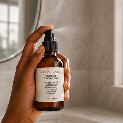 Hand spraying Botanically Clear Hydrating Essence Mist from an amber glass bottle in a softly lit bathroom setting
