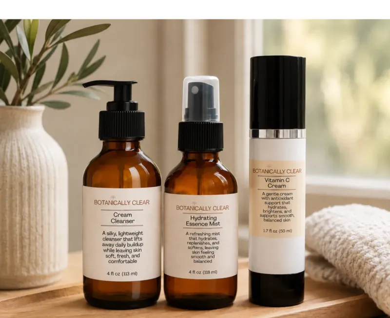 Botanically Clear Daily Essentials Trio with cream cleanser, essence mist, and Vitamin C Cream in a skincare setting